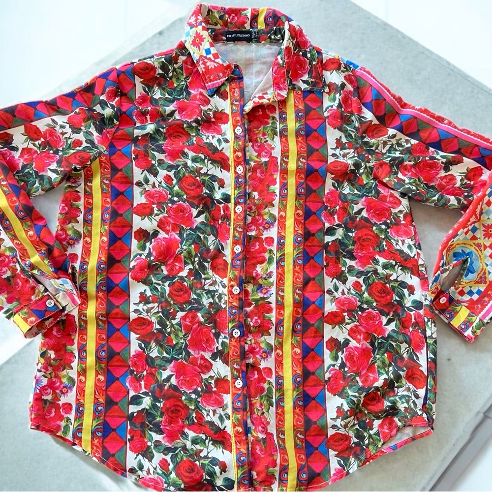PrettyLittleThing Floral Stripe Print Button Down Long Sleeve Shirt 6 NWOT